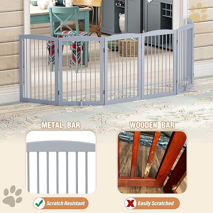 Freestanding Pet Gate for Dogs, Indoor Wooden Foldable Dog Gate for House, Extra Wide, Pet Fence for Stairs, Doorways, Halls, Support Feet Included, 120 Inch Wide, 6 Panels 32",Grey-PurrikoPets