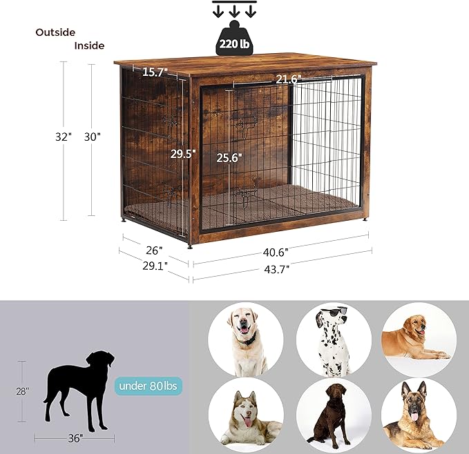 DWANTON Dog Crate Furniture with Cushion, Wooden Kennel Table with Double Doors, Indoor Dog House, Extra Large Size, 43.3" L, Rustic Brown-PurrikoPets