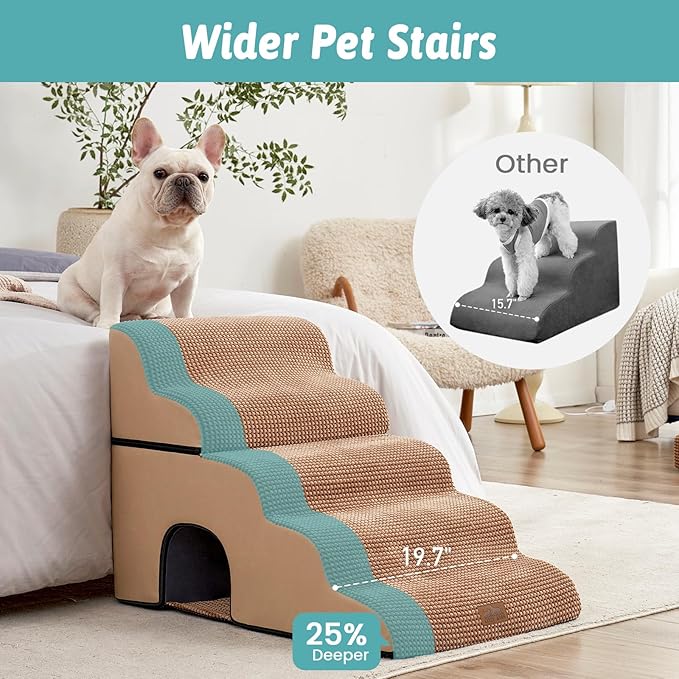 Extra Wide Dog Stairs with Tunnel, Detachable Large Pet Step for Small Medium Dog, Puppy or Cat, Ramp for High Bed, Couch, Sofa or Car, Stable, 19.7x33x22.4 inch, 5 Step, Light Brown-PurrikoPets