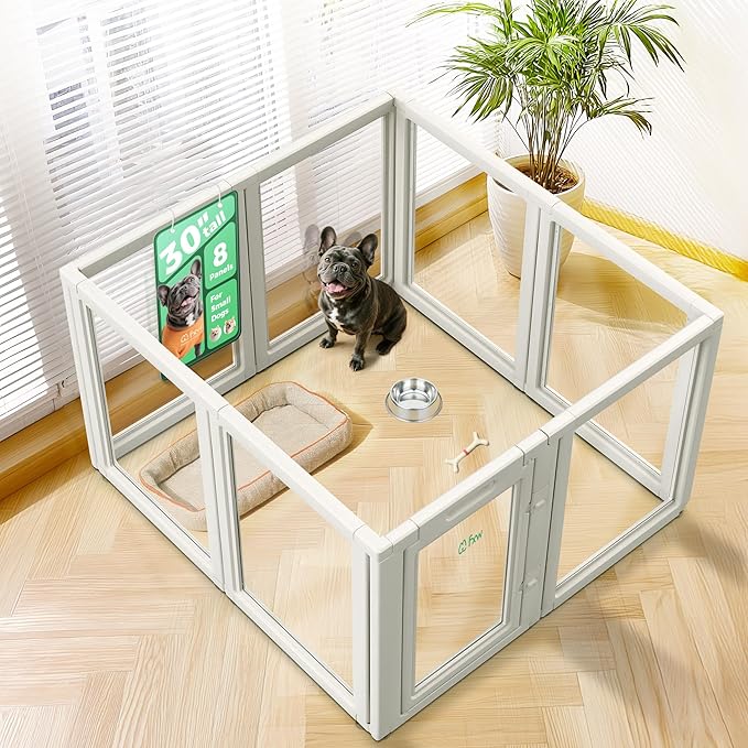 FXW AuraSpace Acrylic Indoor Unleashed Dog Playpen for Small and Medium Dogs, 30 Inch, 8 Panels, White-PurrikoPets