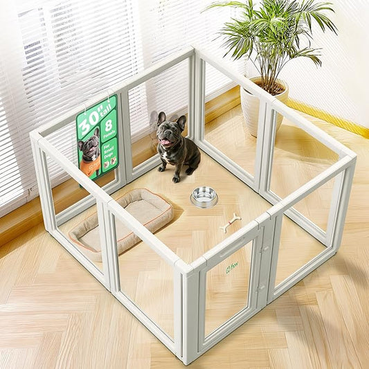 FXW AuraSpace Acrylic Indoor Unleashed Dog Playpen for Small and Medium Dogs, 30 Inch, 8 Panels, White-PurrikoPets