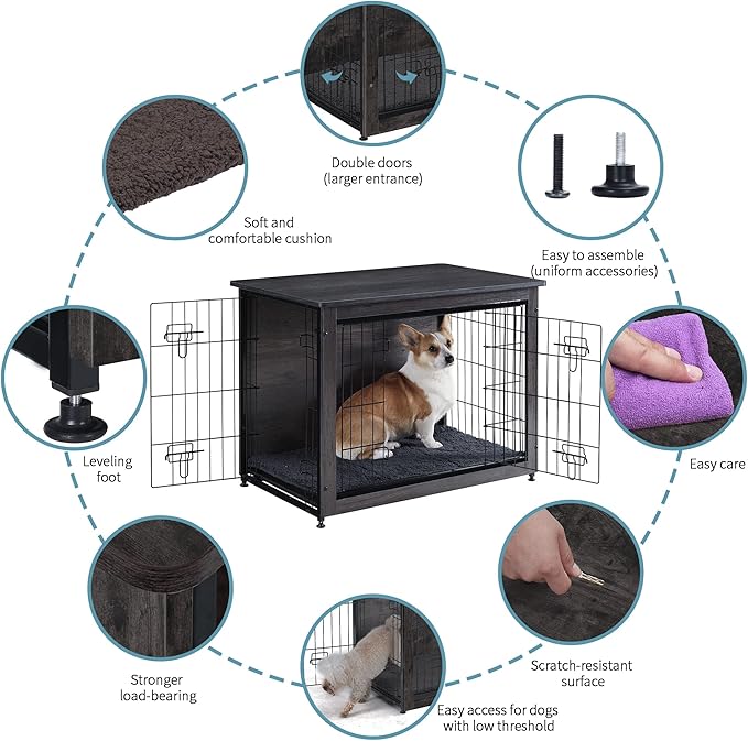 DWANTON Dog Crate Furniture with Cushion, Wooden Kennel Table with Double Doors, Indoor Dog House, Medium Size, 32.5" L, Dark Gray-PurrikoPets
