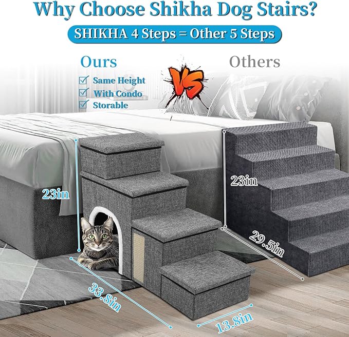 Dog Stairs for Bed and Couch 23“H, Foldable Dog Stairs for Small Older Dogs, 4 in 1 Adjustable Pet Cat Steps Ramps with Storage, Condo, Cat Scratcher, Hold Up to 180LBS, 4 Steps-PurrikoPets