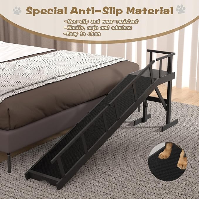 73" Dog Ramp for Bed, Pet Ramp with Removable Side Rail and Non-Slip Surface, Pet Ramp for Small & Large & Senior Dogs with Rest Platform and DIY Glow Strips,Dog Stairs for Couch, Black-PurrikoPets