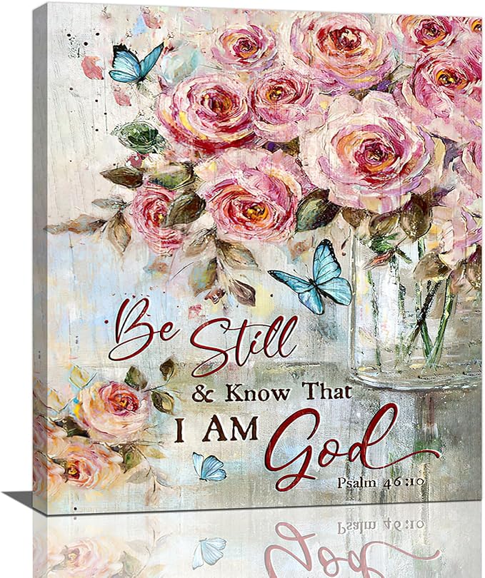Farmhouse Rose Wall Art Christian Scripture Pictures Pink Rose Wall Decor Rustic Floral Butterfly Canvas Print Painting Artwork for Bathroom Living Room Bedroom 20"x24"-PurrikoPets