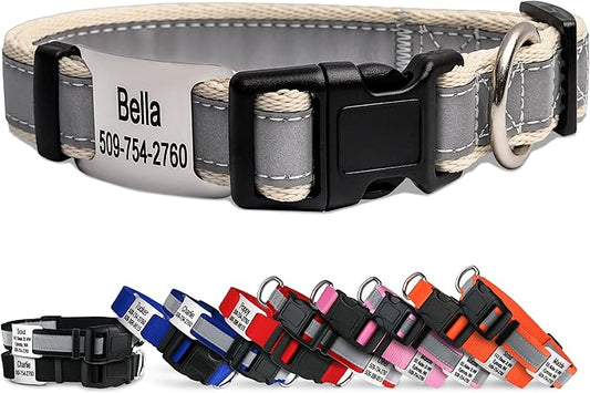 GoTags Reflective Personalized Dog Collar with Nameplate, Adjustable Dog Collar with Custom Engraved Steel Slide On Pet ID Tag, Silent, No Noise Dog Tag for Large Medium or Small (Beige, Medium)-PurrikoPets