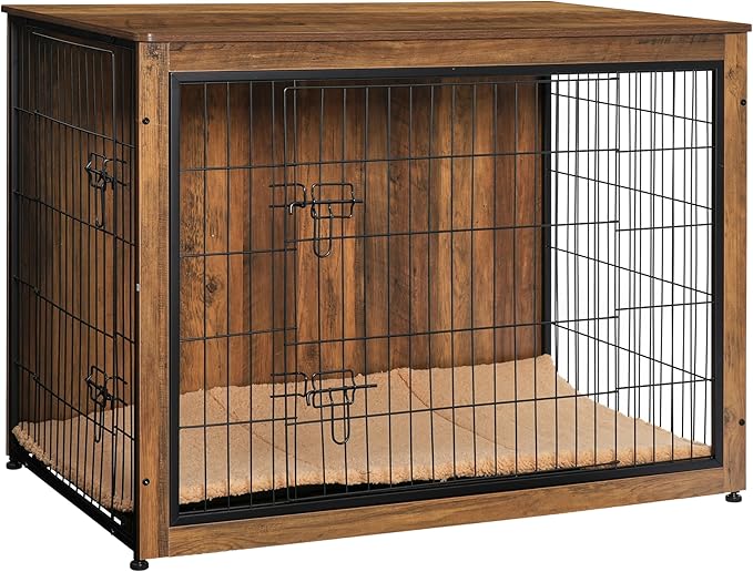 DWANTON Dog Crate Furniture with Cushion, Wooden Kennel Table with Double Doors, Indoor Dog House, Extra Large, 43.3" L, Warm Brown-PurrikoPets