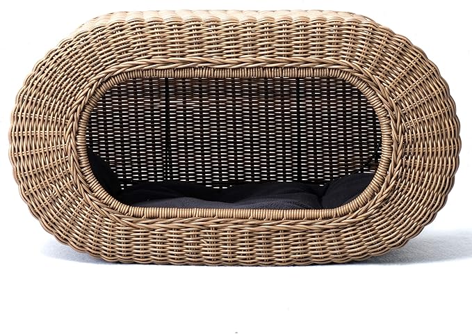 Fun Stackable Wicker Cat Hideaway House - Interactive Play Rattan Cat House for Indoor Cats Kitty, Pet Friendly Top/Side House Entry, Cat Bed Enclosed-PurrikoPets