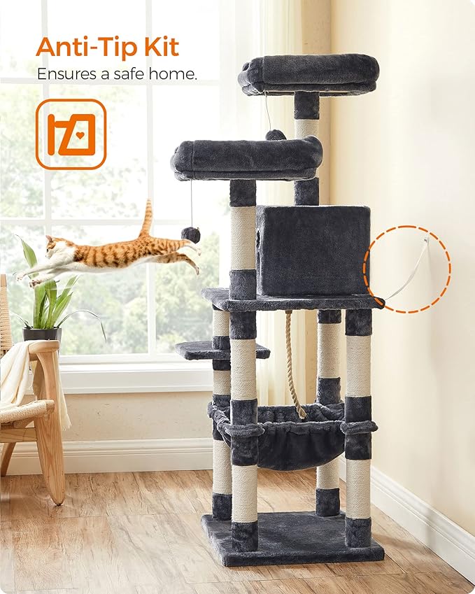 FEANDREA Cat Tree, Cat Tower for Indoor Cats, 56.3-Inch Cat Condo with Scratching Posts, Hammock, Plush Perch, Smoky Gray UPCT15GYZ-PurrikoPets