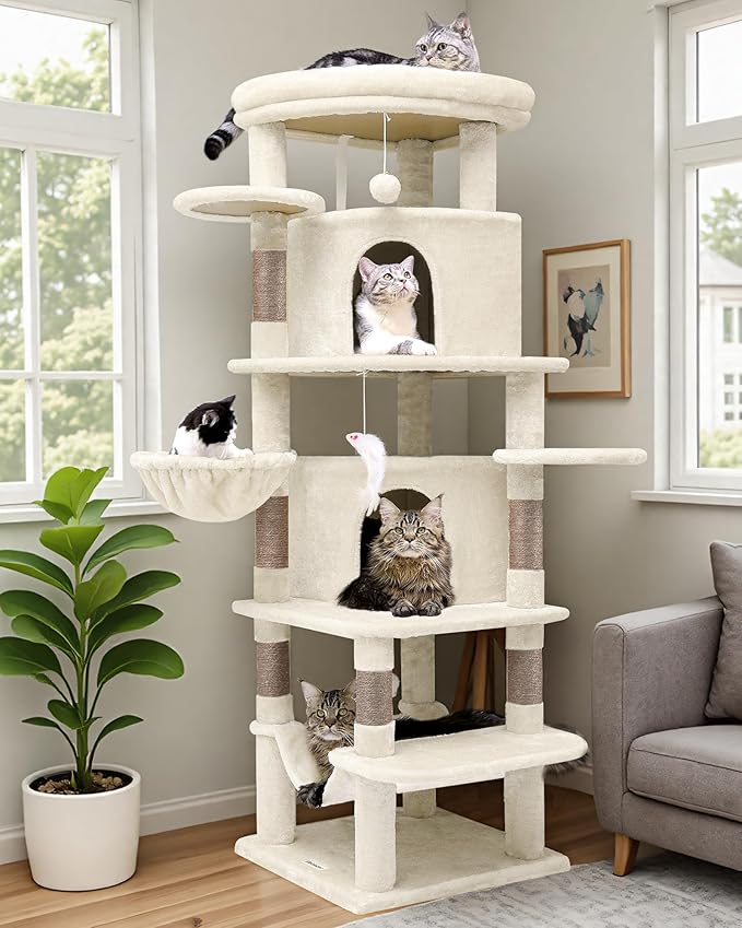 Globlazer Corner Cat Tree Tower for Large Cat, 66inch Tall Large Cat Tree Condo for Multiple Indoor Cats with 6 Scratching Posts, 2 Spacious Cat Condos, Soft Hammock, Hanging Basket, C66, Light Beige-PurrikoPets