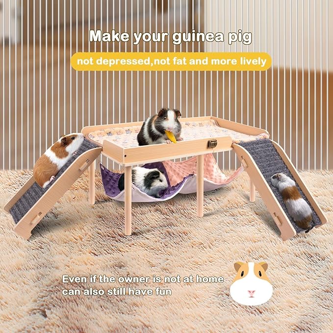 Enlarged Guinea Pig Hammock with Platform and Stairs,Wooden Foldable Piggies Hideout for Guinea Pigs Bunny Ferret Hamster Hiding Sleeping Activities 24L x 12W x 11H in（Double）-PurrikoPets