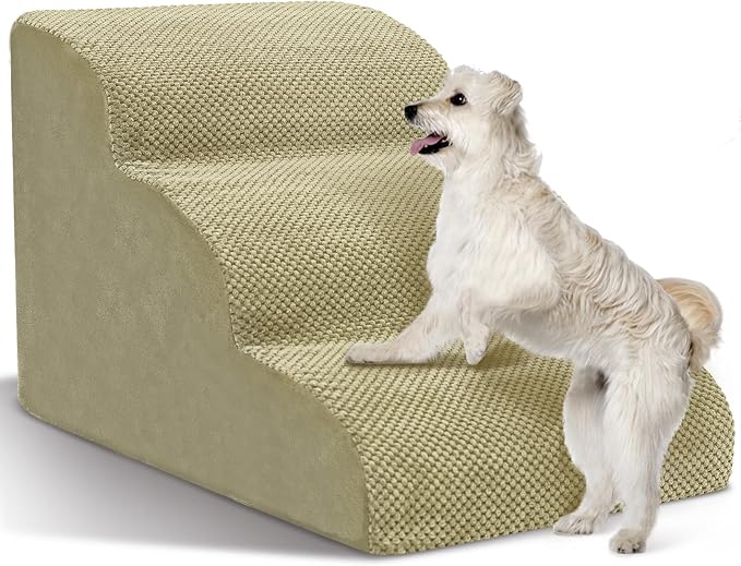 Dog Stairs for Small Dogs - High Density Foam Pet Steps, Extra Wide Dog Ramp with Non-Slip Bottom for High Beds, Couch and Sofa, Best for Dogs Injured, Older Doggy Cats,3 Steps, Camel-PurrikoPets