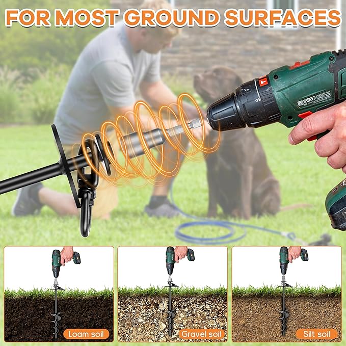 Dog Tie Out Stake, Heavy Duty 360°Swivel Dog Outside Lead Cable, Screw in Spike Auger Ground Stake Anchors with Power Nut Drill Bit, T Wrench and Leash, for Yard Camping Beach-PurrikoPets