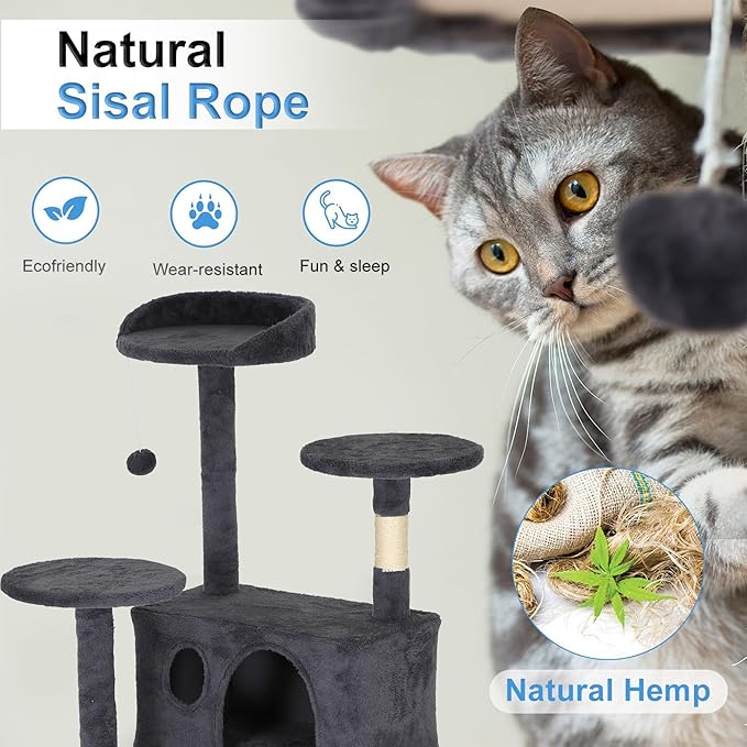 FDW Cat Tree Tower 62in Multi-Level Durable Cat Scratching Post & Cozy Fun Jumping Platform Space Saving Condo Pet Play House for Indoor Cats,Dark Gray-PurrikoPets