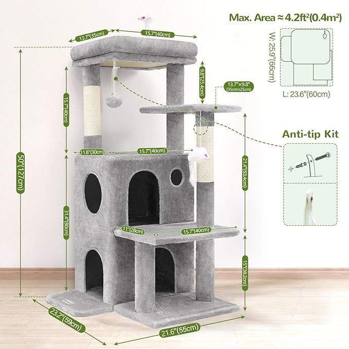 Globlazer Cat Tree Tower for Indoor Cats, 50-inch Adult Cat Tree House for Large Adult Cats with Steps, Scratching Post, 2 Cat Caves, Dangling Toys, FC50, Light Grey-PurrikoPets