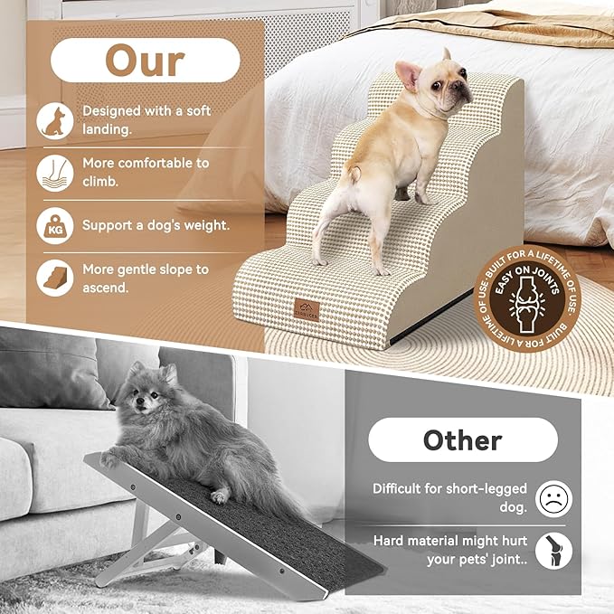 Dog Ramp and Stair for Bed 16" H-20 H,3-Step Cat Stair for Sofa and Chair,4-Step Dog Ramp for High Bed and Window,Durable Nonslip Fabric Cover for Indoor (Beige-20 H, Pet Friendly, 4)-PurrikoPets