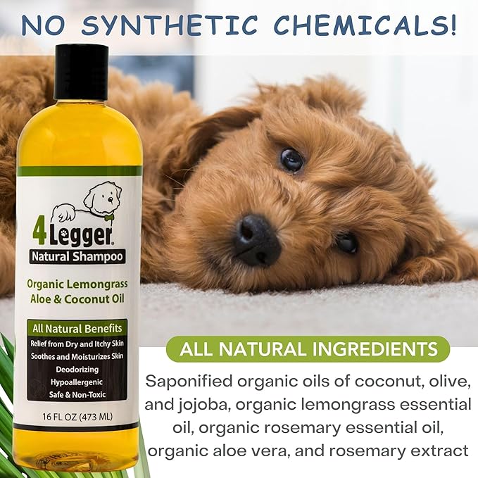 4-Legger Certified Organic Dog Shampoo - All Natural and Hypoallergenic with Aloe and Lemongrass, Soothing for Normal, Dry, Itchy or Allergy Sensitive Skin - Biodegradable - Made in USA - 16 oz-PurrikoPets