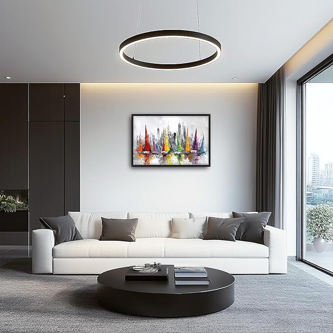 Framed Large Sailboat Wall Art for Living Room, Oversized Abstract City Wall Decor Colorful Sailboat Canvas Painting Pictures Modern Artwork for Living Room Bedroom Office Dinging Room 36"x24"-PurrikoPets