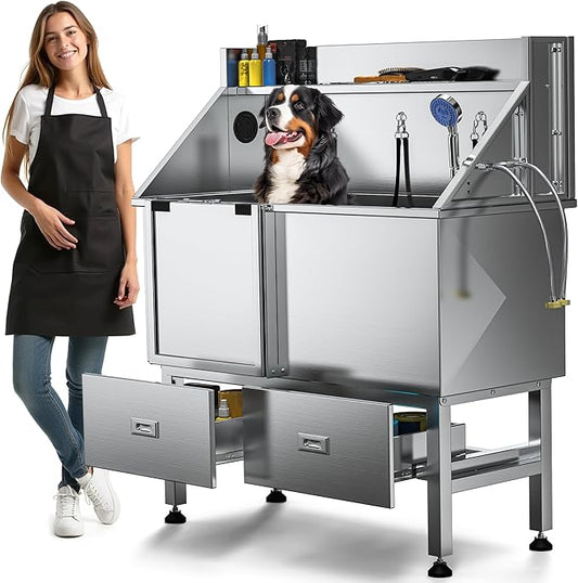 DWVO Professional Dog Bathing Station Stainless Steel 304 Pet Bathtub, 50in Dog Grooming Tub w/Right Door Ramp, 2 Storage Drawers, Grate, Pet Washing Station for Large, Medium, Small Pets-PurrikoPets