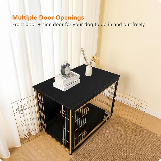 DWANTON Dog Crate Furniture with Cushion, Wooden Kennel Table with Double Doors, Indoor Dog House, Large Size, 38.5" L, Black+Gold-PurrikoPets