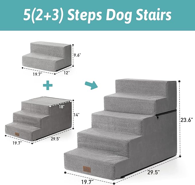 Dog Stairs for Small Dogs, 5 Tier Removable Wider Pet Stairs for Couch and Bed, 23.6" H Non-Slip Dog Steps for Puppies and Old Cats with Support Board, 29.5x19.7x23.6 inch, Grey-PurrikoPets