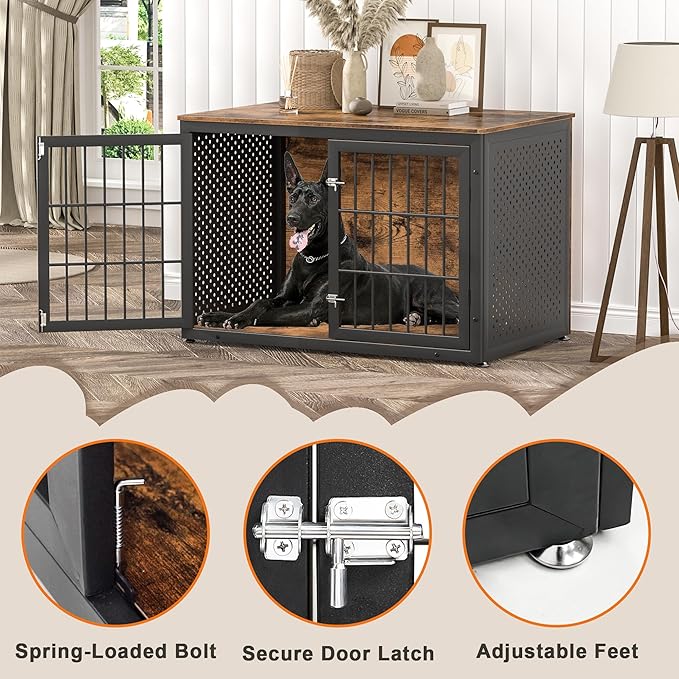 48" Rustic Heavy Duty Dog Crate Furniture for Extra Large Dogs, Metal Kennel for High Anxiety Dogs, Wooden Cage Furniture Indoor, Decorative Dog Kennel End Table, XL-PurrikoPets