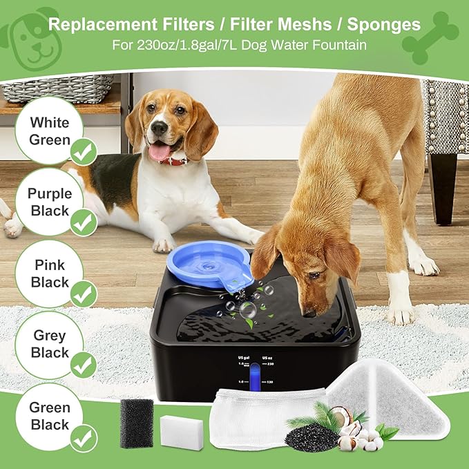 6 Sets of Replacement Filters for 230oz/7L Dog Water Fountain, GISOFIK Cat Water Fountain Filter, 5 Layers Filtration System Pet Fountain Filters Replacement (6 Filters+6 Mesh Bag+8 Sponge)-PurrikoPets