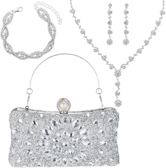 Quelay 4 Pcs Purse Rhinestone Jewelry Set Evening Clutch Bag Bling Crystal Necklace Dangle Earrings Bracelets Accessories