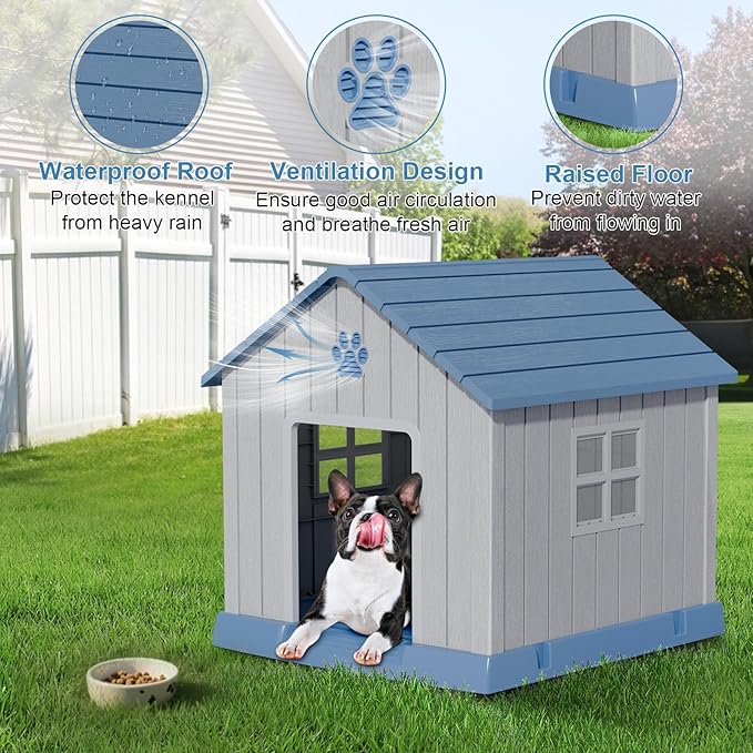 Dog House Indoor Outdoor for Small to Large Sized Dogs Resin Outdoor Dog House with Ventilation Puppy Shelter with Elevated Floor, Easy to Assemble, Blue-PurrikoPets