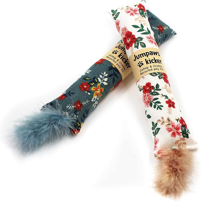 2 Pack Natural Interactive Catnip & Silvervine Cat Kicker with Feathers, Bite Resistant Chew Toy, Crinkle Kicker, Accessories for Indoor Cat, Premium Corduroy Floral-PurrikoPets