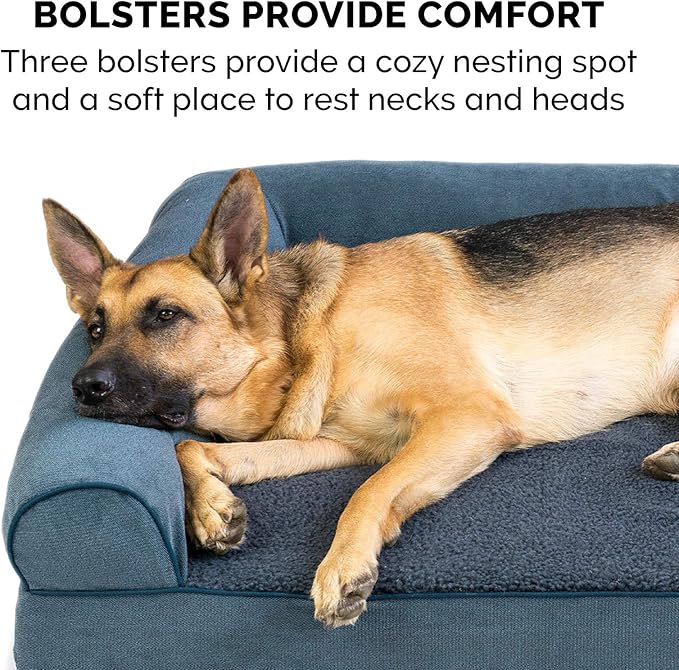 Furhaven Cooling Gel Dog Bed for Large Dogs w/ Removable Bolsters & Washable Cover, For Dogs Up to 125 lbs - Sherpa & Chenille Sofa - Orion Blue, Jumbo Plus/XXL-PurrikoPets