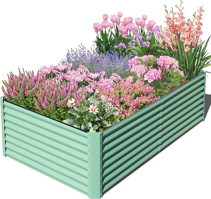 Domi Raised Garden Beds Outdoor, 8x4x2ft Thickening Tall Metal Rectangular Deep Root Box Planter for Vegetables, Flowers, Herbs, and Succulents 2" Deep w/ 456 Gallon Capacity - Green-PurrikoPets