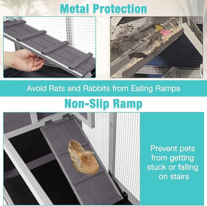 62" Rabbit Hutch with Chew-Proof Ramp & Waterproof Roof - Indoor/Outdoor Bunny Cage, 2-Story Design, 6 Lockable Caster Wheels & Dual Pull-Out Trays (Grey)-PurrikoPets