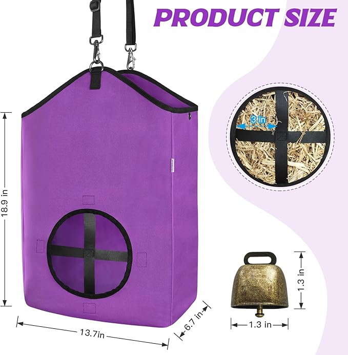 3 PCS Goat Hay Feeder,Hay Bags for Horses,Goats,Donkeys with Reinforced Oxford Fabric and High Strength Metal Clasp,Horse Feeding Supplies with Adjustable Strap for Easy Hanging (2Purple+1Grey)-PurrikoPets