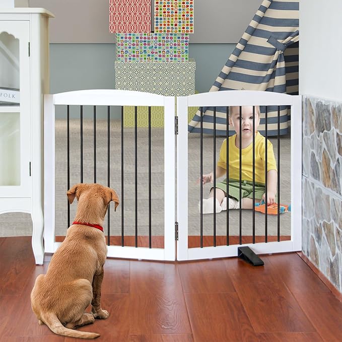Freestanding Panel Gate for Indoor Doorways, Stairs, or Hallways, Foldable Wooden Gate for Dogs, Support Feet Included, 24" Height - 2 Panels, White-PurrikoPets