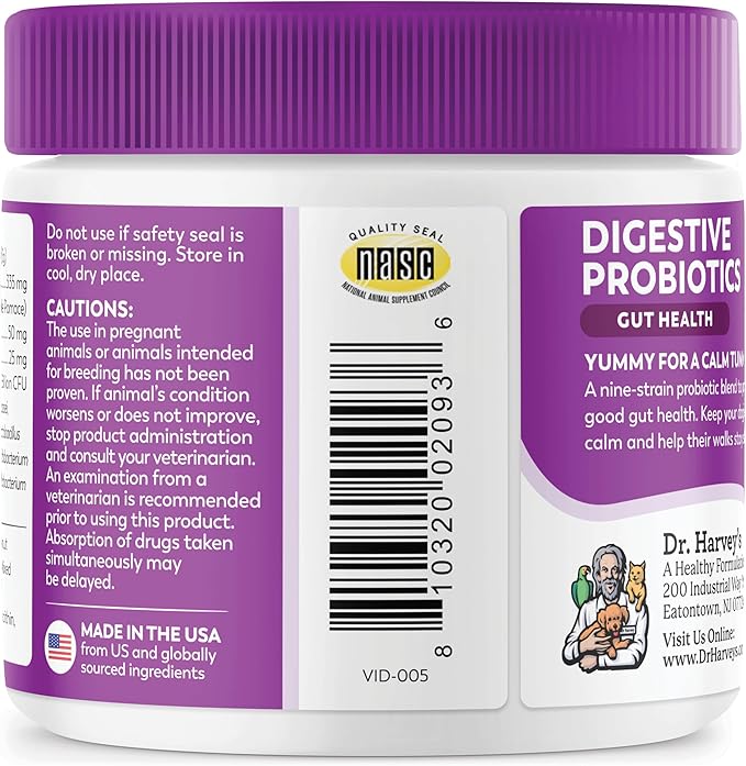 Dr. Harvey's Digestive Probiotic Soft Chews for Dogs, 7 Probiotics for Gut Health, Diarrhea and Bowel Support, Peanut Butter Flavor (90 Chews)-PurrikoPets