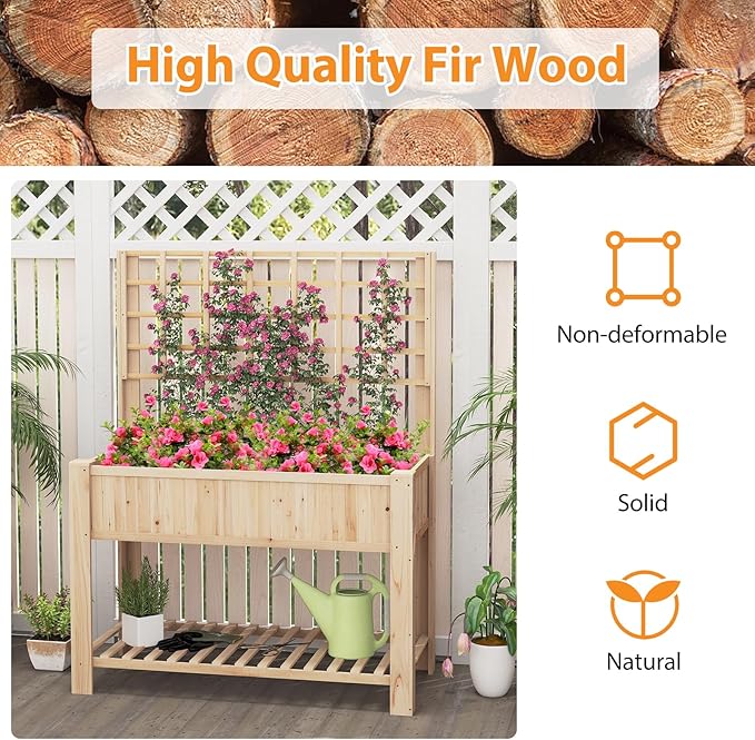 Giantex Raised Garden Bed with Trellis, Wooden Elevated Planter Box with Legs, Drainage Holes for Climbing Plants Vines Vegetables Flowers Herbs, Outdoor Horticulture Planter for Patio Yard-PurrikoPets