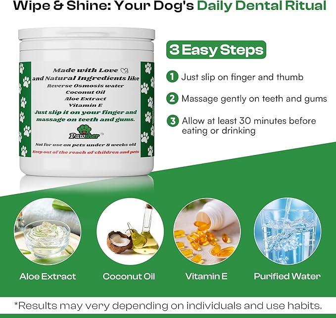 Dog Teeth Cleaning Wipes, Fights Plaque, Freshens Breath & Promotes Gum Health, No-Rinse Finger Toothbrush, Gentle & Naturally Safe, Completes Your Dog Tooth Brushing Kit, 50 Count-PurrikoPets