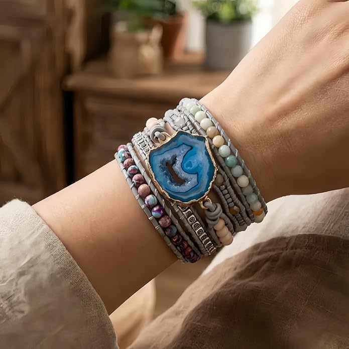 YGLINE Boho Handmade Wrap Leather Tube Crystal Stone Bracelet for Women
