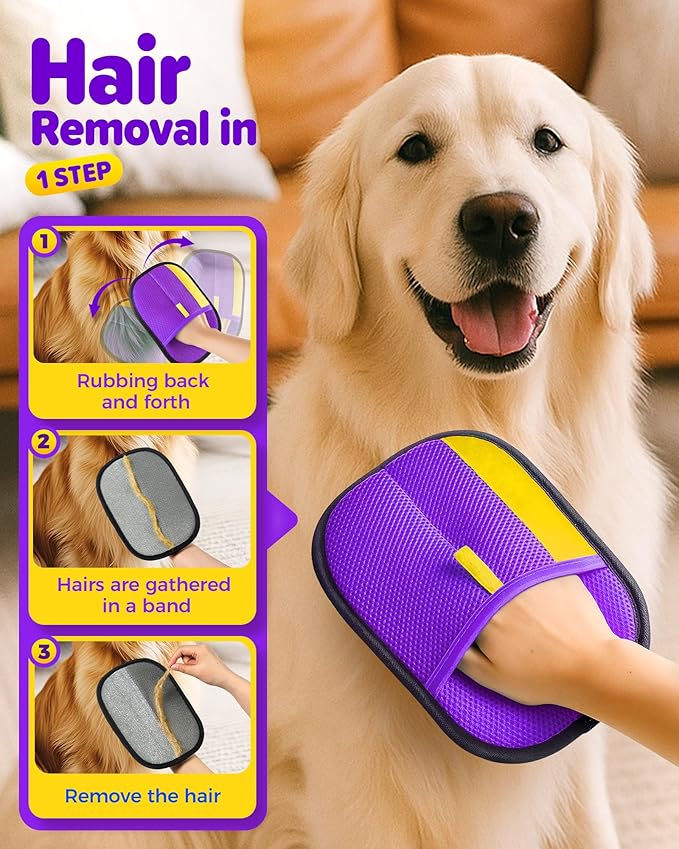 2025 Thickened Electrostatic Pet Hair Removal Gloves (2 Pcs) - Reusable Strong Grooming Gloves for Cats & Dogs, Hair Remover for Couch, Furniture, Carpet, Car Seats & Clothing (Purple)-PurrikoPets