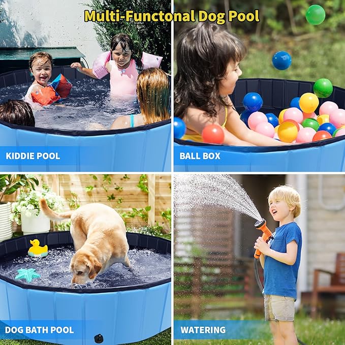 Foldable Dog Pool, 55" x 12" Kiddie Pool with Hard Plastic, Non-Slip Dog Bath Tub for Outdoor Backyard, Collapsible Dog Swimming Pool for Kids Dogs Pets (Blue)-PurrikoPets