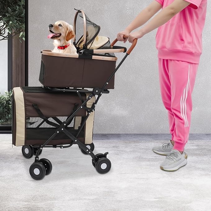 Double Pet Stroller for Dogs and Cats, Foldable Dog Stroller Travel Carriage with Detachable Carriers, Safety Belts, and 4 Lockable Wheels for Small to Medium Pets (Coffee Color)-PurrikoPets