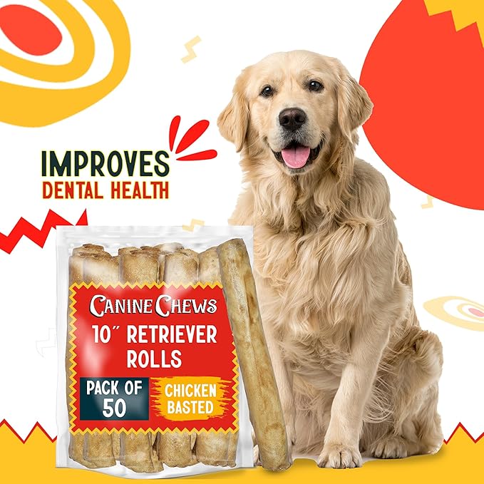 Canine Chews 10" Chicken Basted Dog Rawhide Retriever Rolls (50 Pack) - Natural Beef Dog Rawhide Chews - Healthy Dental Chews-PurrikoPets