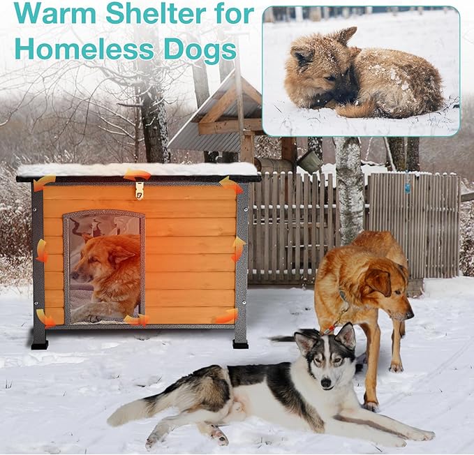 Feral Dog House Outdoor,Anti Bite Iron Frame Dog Kennel,Wood Warm Pets Home,Insulated Weatherproof Outside Shelter for Feral Animal (33.5"(L)×22"(W)×25.2"(H)-Brown-in)-PurrikoPets