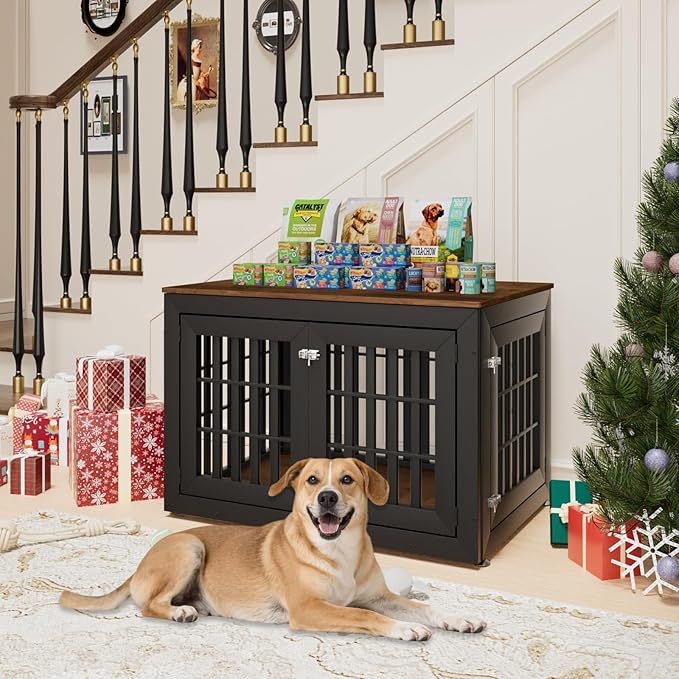 42" Heavy Duty Dog Crate Furniture for Small,Medium and Large Dogs,Rustic Wooden Dog Cage Kennel Indoor Furniture with Waterproof Top,Decorative Pet House Side End Table (Black & Wood)-PurrikoPets