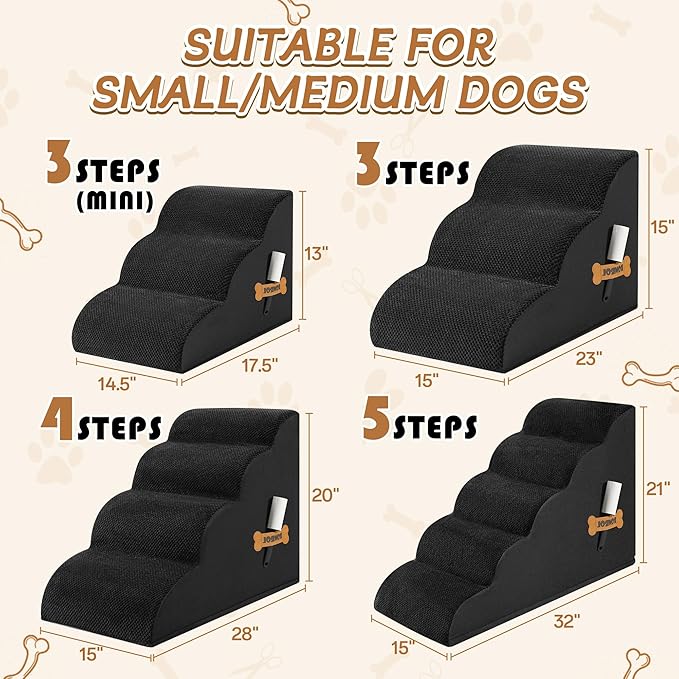 Dog Stairs, Romrol Dog Steps Ramp for High Bed and Couch, Dogs Ramp with Durable Non-Slip Waterproof Fabric Cover, Pet Stairs for Small Dogs and Cats or Pets Joints, 4-TiersBlack-PurrikoPets