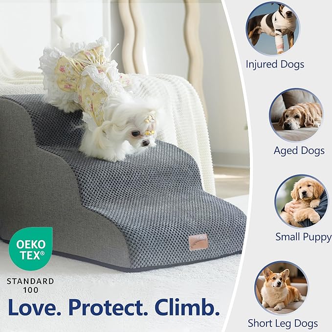 GoGoBunny Ramp Dog Stairs for High Beds 22.6" H, 5-Step Dog Slope Stairs with Durable Waterproof Fabric Cover, Pet Steps for Old Large Dogs Climbing, Non-Slip Sturdy Indoor Step, Grey-PurrikoPets