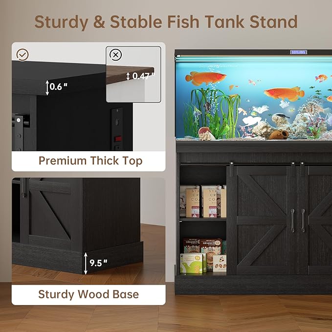 55-75 Gallon Fish Tank Stand with Sliding Barn Doors & Power Outlet, Heavy Duty Aquarium Stand with Cabinet Storage for Fish Tank, Turtle Tank, Reptile Terrarium, 1000LBS Capacity, Black-PurrikoPets
