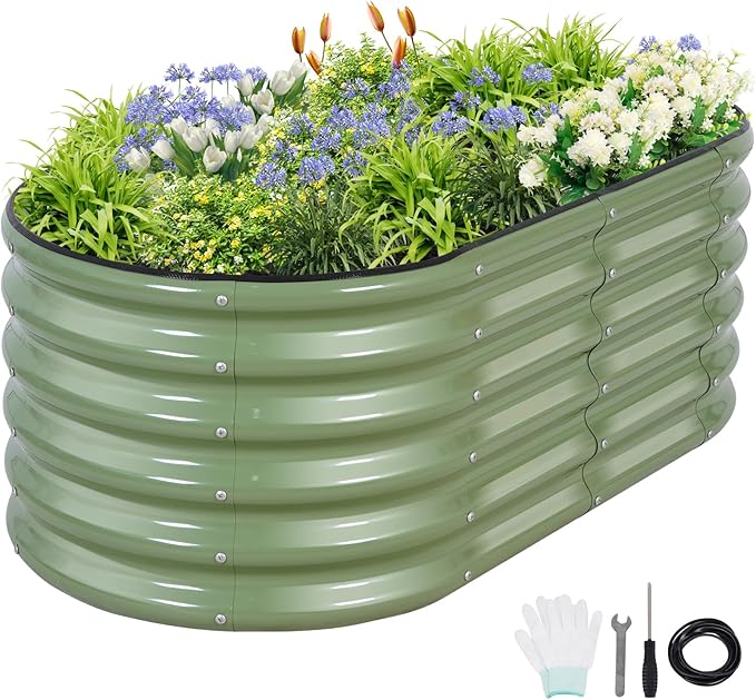 Galvanized Raised Garden Bed - 4x2x1.4FT Metal Planter Boxes Outdoor | Oval Steel Raised Bed Kit for Gardening with Protective Tape, Gloves for Vegetables, Flower, Herb (Green)-PurrikoPets