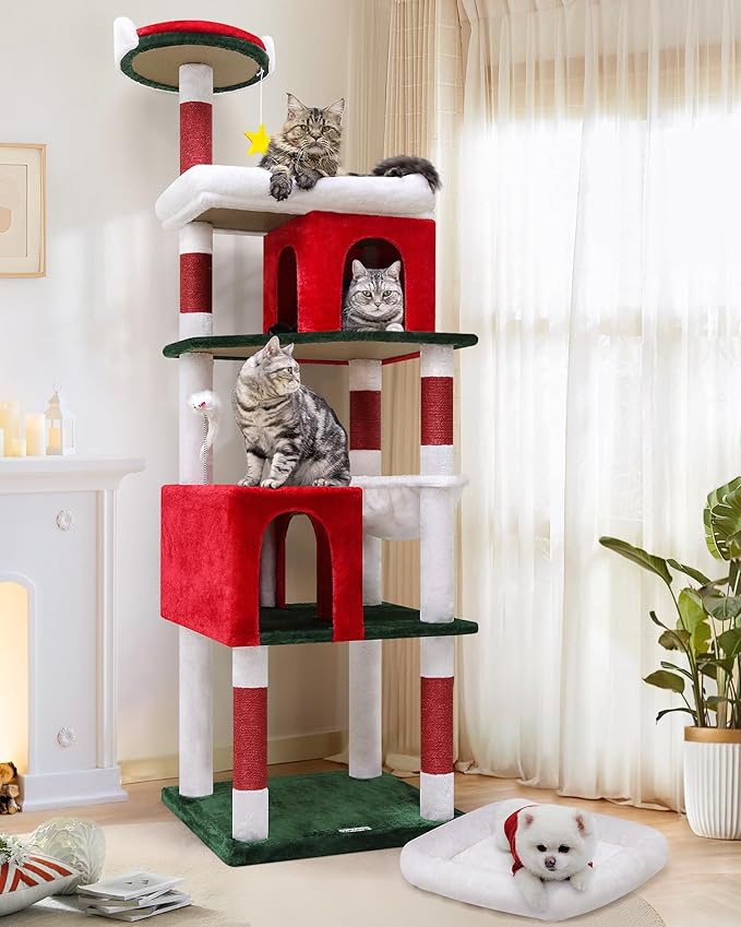 Globlazer Heavy Duty Cat Trees for Large Cats, Sturdy 72in Maine Coon Cat Tree for Large 20 lbs+ Heavy Duty Cat Tower for Adult Biggest Cats with 6 Scratching Posts, Hammock, S72, Red White Green-PurrikoPets